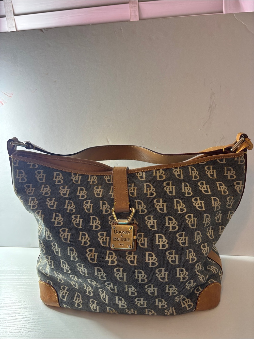 Dooney & Bourke Brown Monogram Canvas Shoulder  Bag with Tan Trim